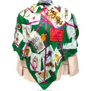 TRUSSARDI Scarf 100% Silk Satin, 34" green pink blue naimal art designs(63